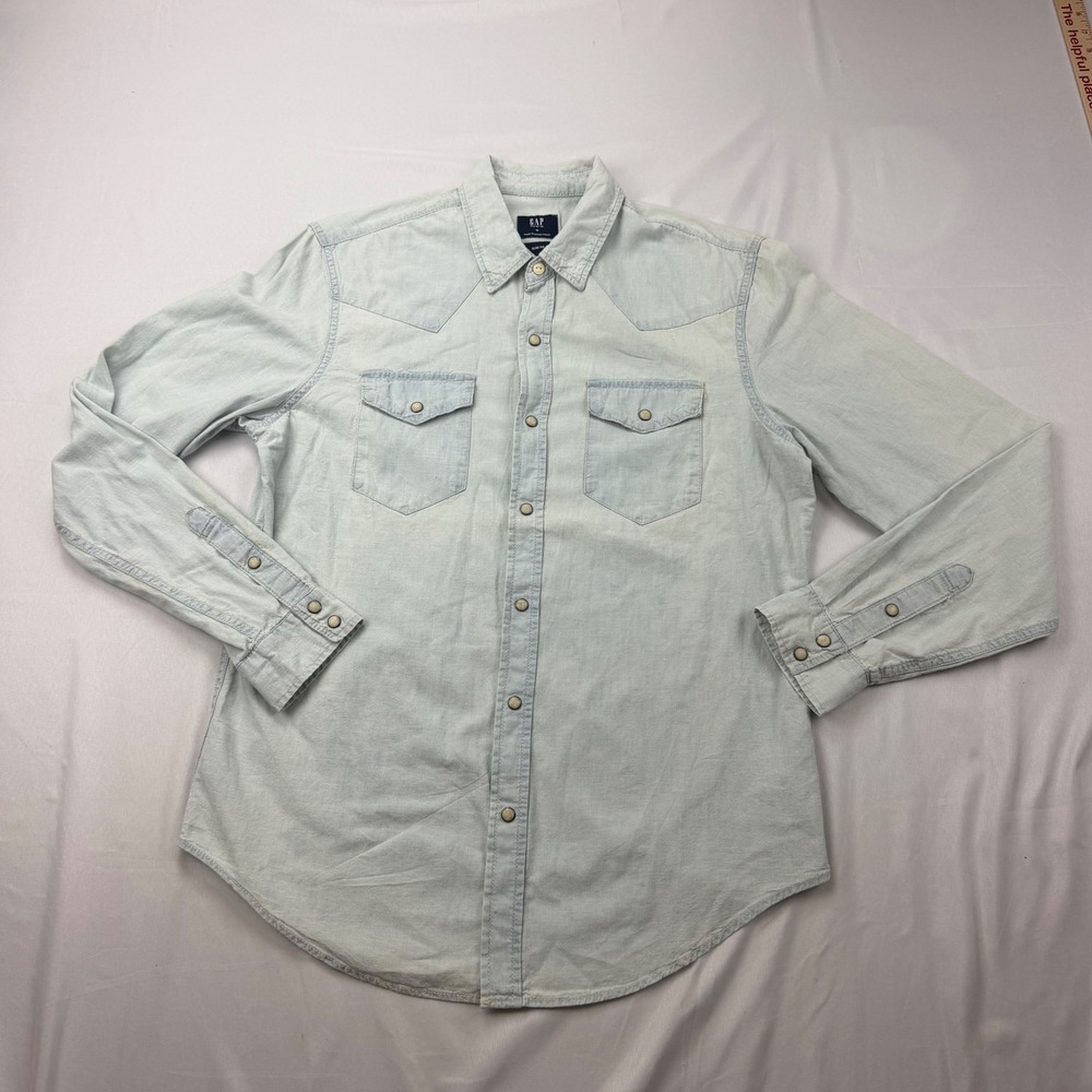 Gap Denim Shirt Mens M Light Blue Slim Fit Western Pearl Snap Cotton Long Sleeve